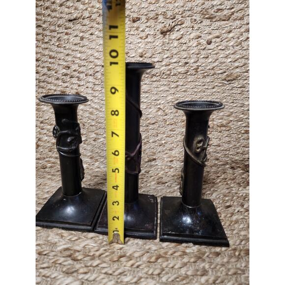 3 Vintage Traditional Italian Cast Iron Bronze Grapevine Candlestick Holders - Picture 9 of 12